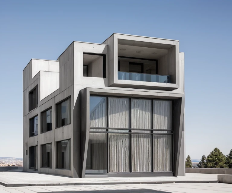 exterior building, glass windown, modern style, building have 2 kind of stones in facade: gray stone in the small front rectangle outside, An ultra-realistic, award-winning shot of a futuristic villa designed by Le Corbusier, inspired by the photography of Ezra Stoller, captures the building in the harsh, midday sun, with sharp, high-contrast reflections and bold, Shot with a Phase One XF IQ4 and a 50mm Schneider Kreuznach lens, the image emphasizes the building's avant-garde design and the mesmerizing play of light and reflection, creating a visually striking architectural statement. building in the city