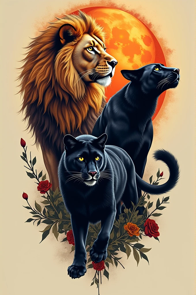Create an image for a tattoo of a lion, a black panther and a wolf with the sun moon