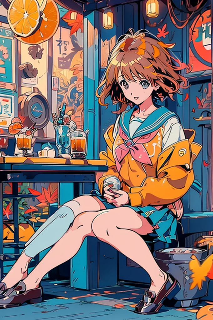 (masterpiece:1.2), Highest quality,Pixiv,Surprised girl,Portraiture、1、Large Breasts、Small waist、Close-up of face、Ecstasy、((((Kyoto Animation、Autumn Outfits、Sailor suit、squat))))、mini skirt、Girl sitting、Beer and Yakitori、barefoot、High School Uniform、loafers
