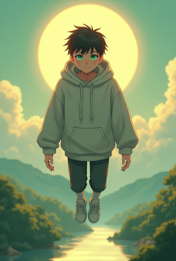a 2 green eyed young man wearing a hoodie floating above the Sun