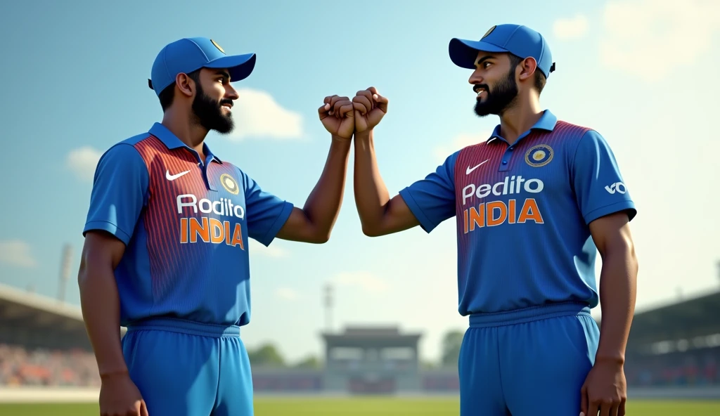 Two person with cricket india cricket team jersey fist bumping 