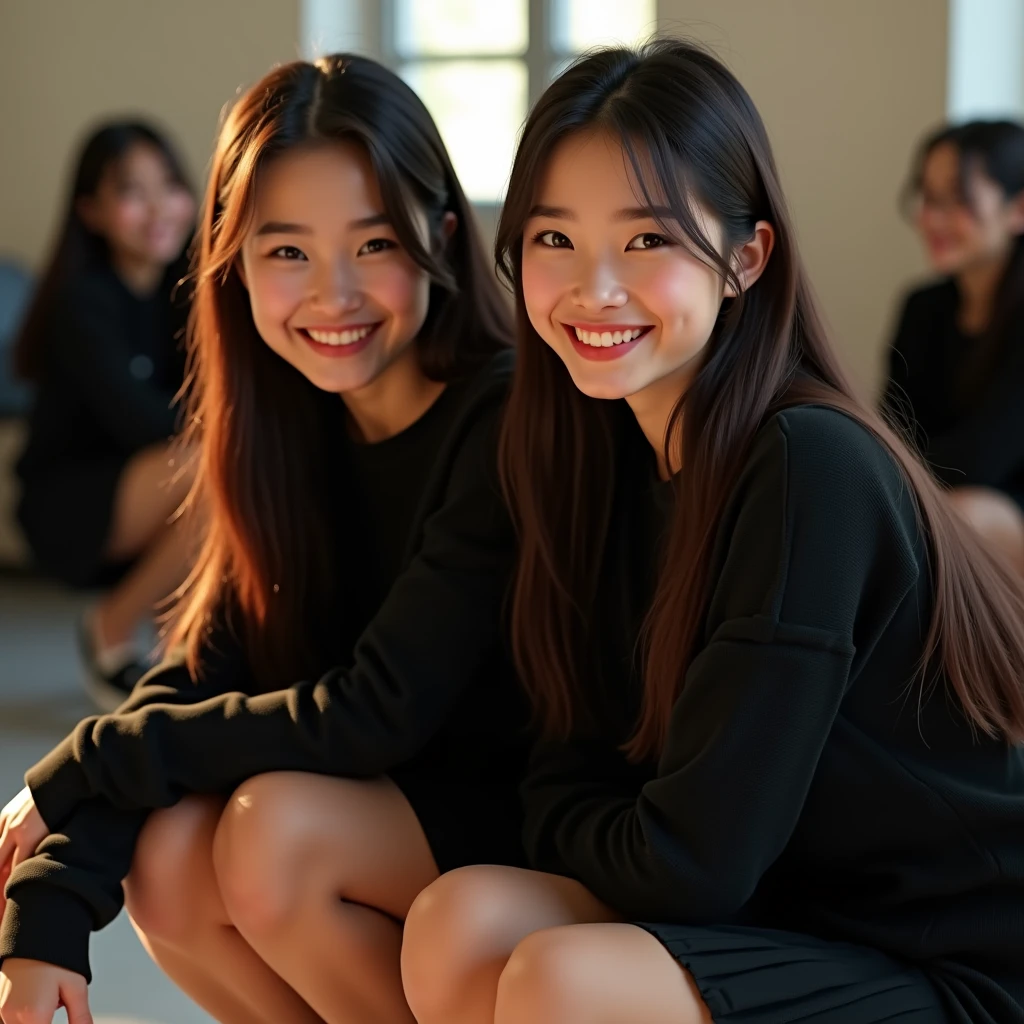 A group of female students wearing black skirts and black cropped sweaters are squatting and smiling  (Photorealistic:1.4)、(hyper Realistic:1.4)、(Realistic:1.3)、(Smooth lighting:1.05)、(映画の照明Improvement of quality:0.9)、32K、Identical twin sisters、20-year-old girl、Realistic lighting、Backlight、Facial Light、Ray-tracing、(Bright light:1.2)、(Improvement of quality:1.4)、(Highest Quality Real Texture Skins:1.4)、Finely grained、Detailed painted face、Quality Eyes、(tired, Sleepy and satisfied:0.0)、