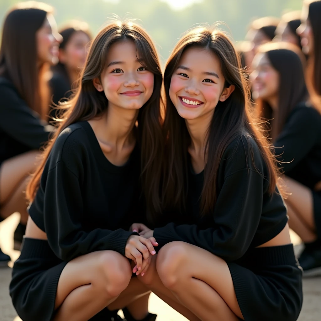 A group of female students wearing black skirts and black cropped sweaters are squatting and smiling (Photorealistic:1.4)、(hyper Realistic:1.4)、(Realistic:1.3)、(Smooth lighting:1.05)、(映画の照明Improvement of quality:0.9)、32K、Identical twin sisters、20-year-old girl、Realistic lighting、Backlight、Facial Light、Ray-tracing、(Bright light:1.2)、(Improvement of quality:1.4)、(Highest Quality Real Texture Skins:1.4)、Finely grained、Detailed painted face、Quality Eyes、(tired, Sleepy and satisfied:0.0)、