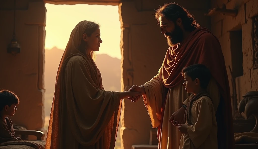 Biblical image of the widow and the prophet Elisha and her 2 sons, realistic 8k cinematic