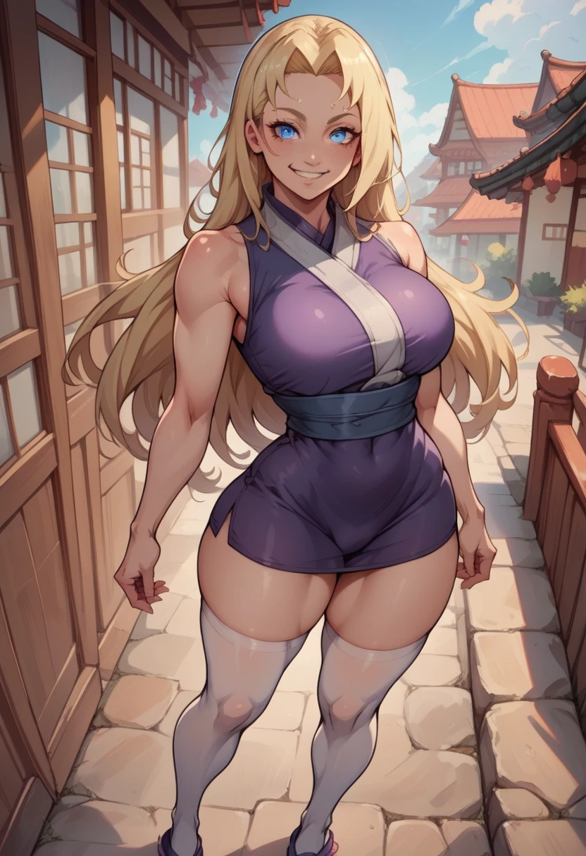 source_anime, best quality, clear face, Ino yamanaka from Naruto Shippuden, blonde hair, blue eyes, long hair, large breasts, perfect body, looking at viewer, smile, Naruto Shippuden costume, purple mini dress, White stockings, cameltoe, in the city, stanyin, dynamic angle, Full body view, Big tits, view from the front, in sporty outfit, big ass ,seductive anime girl, sfw version.