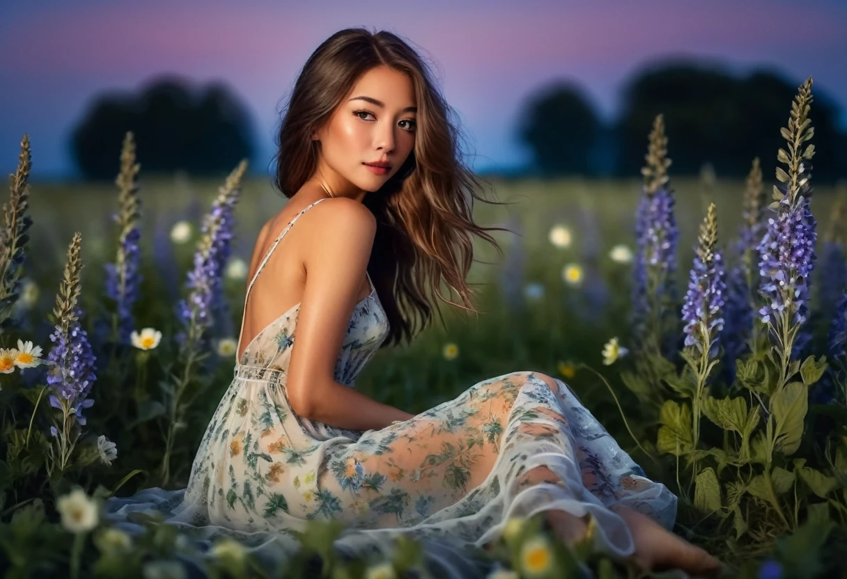 A cute woman (flowers in hair, airy sheer summer dress no underwear, barefoot) is lounging in a field of flowers, moonlit night, playful seduction
