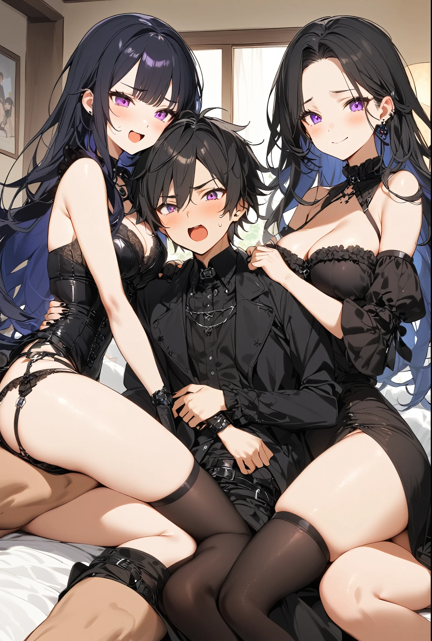 two girls with one boy are lying on the bed in front of the bedroom。A boy dressed as a goth and two girls dressed as goth,black hair, ,cartoon, three people, A modern sexy gothic woman hugging a man,Make love,,, Another sexy goth girl is watching,excited,On the bed,sweet,Sex at home