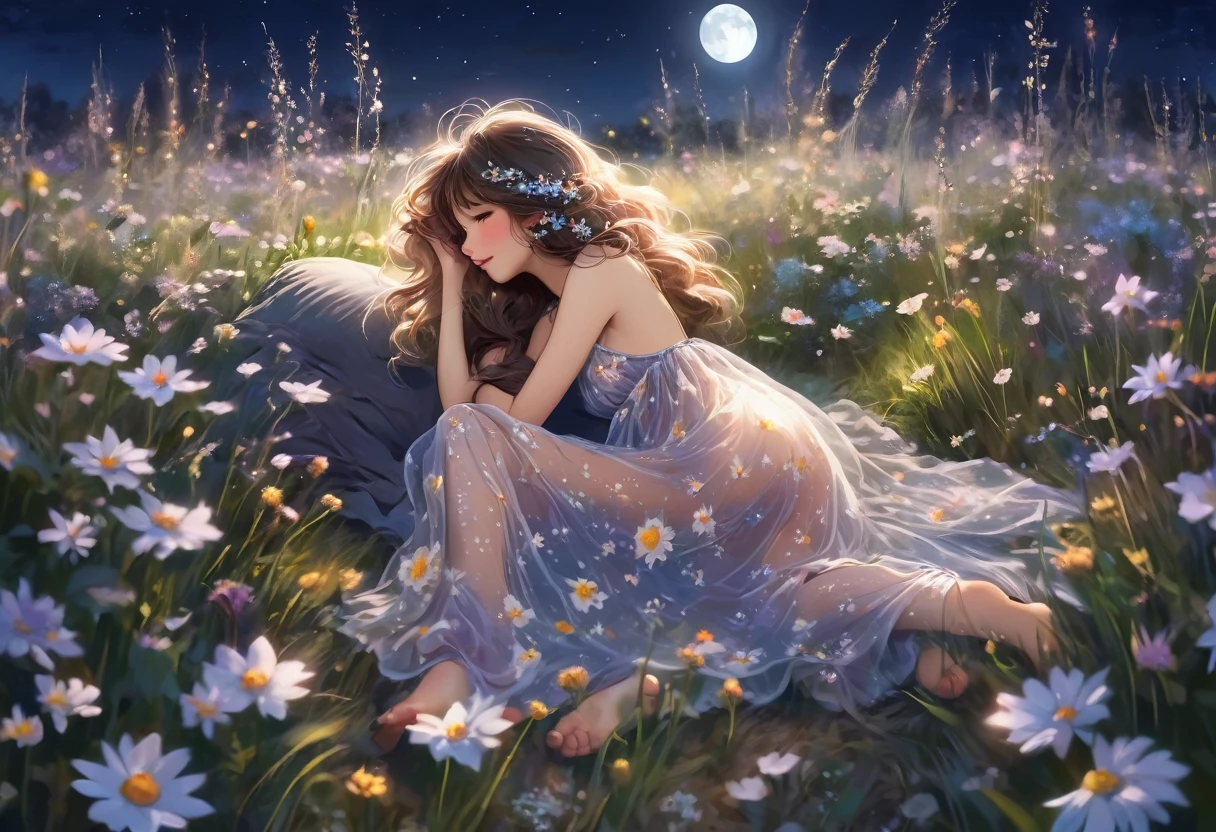 A cute woman (flowers in hair, airy sheer summer dress no underwear, barefoot) is lounging in a field of flowers, moonlit night, playful seduction