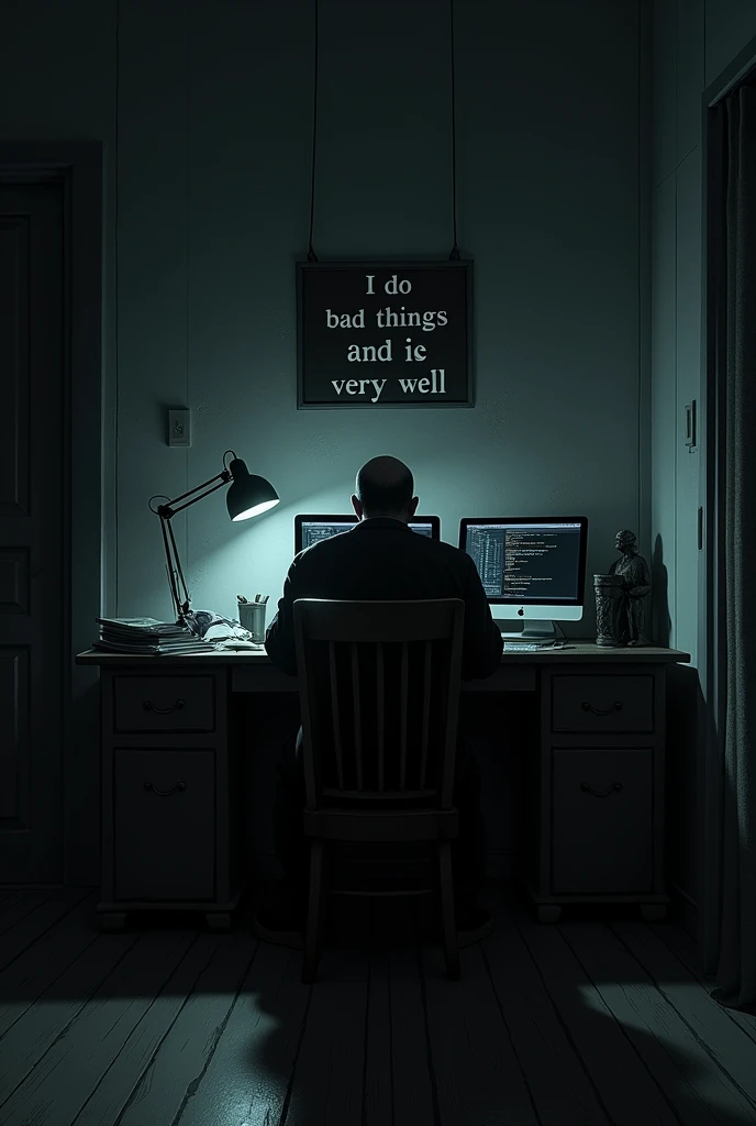 "A dark, dimly-lit room viewed from a side angle, capturing a shadowy figure sitting in a wooden chair. The figure is facing slightly towards the desk, which is illuminated by a desk lamp. The desk is cluttered with computers displaying complex code, books, and a statue. A sign on the wall above the desk reads, 'I DO VERY BAD THINGS AND I DO THEM VERY WELL.' The room has an eerie atmosphere, with ominous shadows cast on the walls, and the overall mood is mysterious and sinister. The side angle emphasizes the depth of the scene, with the figure's profile partially visible, adding to the tension and intrigue."
