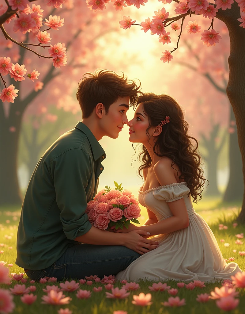 

---

**Title: The Meeting of Two Hearts**

**Chapter 1: The First Encounter**

It was a sunny spring afternoon in the small town of San Rafael. Juan, a young man with brown hair and green eyes, was walking through the park, enjoying the scent of freshly bloomed flowers. María, a young woman with curly hair and a bright gaze, was sitting on a bench, reading a book.

Juan, drawn to the park's tranquility, approached the bench where María was seated. Without much thought, he addressed her.

—Hello, may I sit here? —Juan asked with a friendly smile.

María looked up from her book, surprised but pleased.

—Sure, go ahead —she replied, returning the smile.

Juan sat down and glanced at the book María was holding.

—What are you reading? —he asked with curiosity.

—It’s a romance novel —María answered—. I love how the characters find love in unexpected situations.

Juan laughed.

—It sounds interesting. Maybe I should give that kind of reading a chance.

**Chapter 2: The Connection**

As the weeks passed, Juan and María began to meet more frequently in the park. Their conversations grew deeper and their laughter more frequent. They realized they shared a special connection.

One afternoon, while walking together on the park's path, Juan gathered his courage and said to María:

—María, since I met you, I feel like something has changed in me. You make me see life differently.

María looked at him, her eyes shining with emotion.

—I’ve felt the same way, Juan. I feel that every moment with you is special.

**Chapter 3: Declaration of Love**

One evening, Juan decided to confess his feelings. They had planned to watch the sunset from a nearby hill, and the atmosphere was perfect.

They sat together, watching the sky turn orange and pink.

—María —Juan began—, there’s something I’ve been wanting to tell you.

María looked at him, her heart racing.

—Tell me, Juan.
