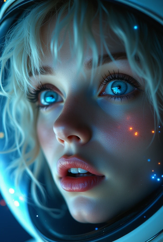(Close-up of a better masterpiece: 1.5) 0.9], (Space and astronauts: 1.2) (Disheveled silver hair: 1.1) (Xanthochromia heterochromia and blue eyes: 1.2) (space helmet: 1.0) (colorful stars in the eyes: 1.0) (A radiant glow: 1.1) (thick lips: 0.9)