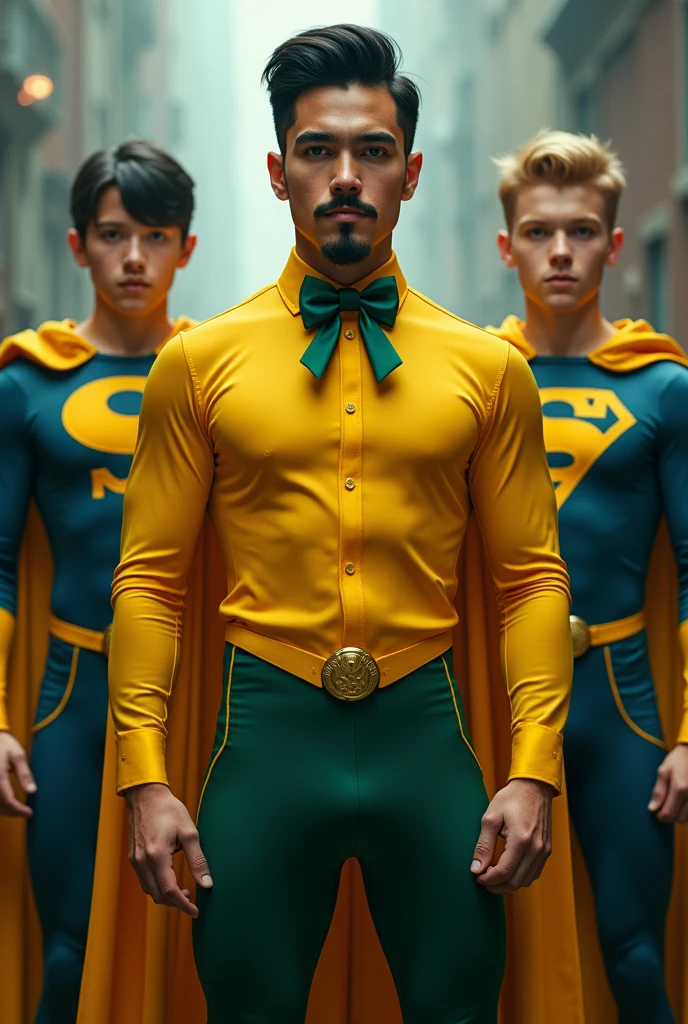 On the cover of the movie poster, the young Professor Petterson stands at the center, now transformed into a heroic figure. His iconic yellow dress shirt has evolved into a sleek superhero costume, still vibrant yellow but now featuring reinforced fabric with subtle green accents, including his trademark green bow tie as part of the suit's design. His white pants are now part of a form-fitting, high-tech uniform, and a flowing green cape drapes from his shoulders. The rosary he holds glows faintly, integrated into his costume as a symbol of his power and faith. His short black hair is neatly trimmed, and his well-groomed goatee and mustache add a sharp, commanding presence to his youthful, white face.
Beside him, his two 1 students have also been transformed into superheroes. The dark-haired boy on his right now wears a dark blue suit with sleek yellow accents running along the arms and legs, highlighting his athletic build. His spiky hair is now more controlled, adding to his intense, focused expression. A yellow cape flows behind him, complementing his dynamic pose.
On Petterson’s left, the blonde boy is dressed in a similarly styled blue suit, but with more pronounced yellow details along the shoulders and chest, making him stand out. His green eyes gleam with confidence, and his fair hair is styled to perfection. A matching yellow cape billows behind him, adding to his powerful and striking appearance.
The trio stands ready for battle, their superhero costumes enhancing their youthful vigor and determination. The dramatic backdrop hints at the epic confrontation ahead, with the capes flowing and the heroic stances capturing the viewer's attention, promising an action-packed and inspiring adventure.