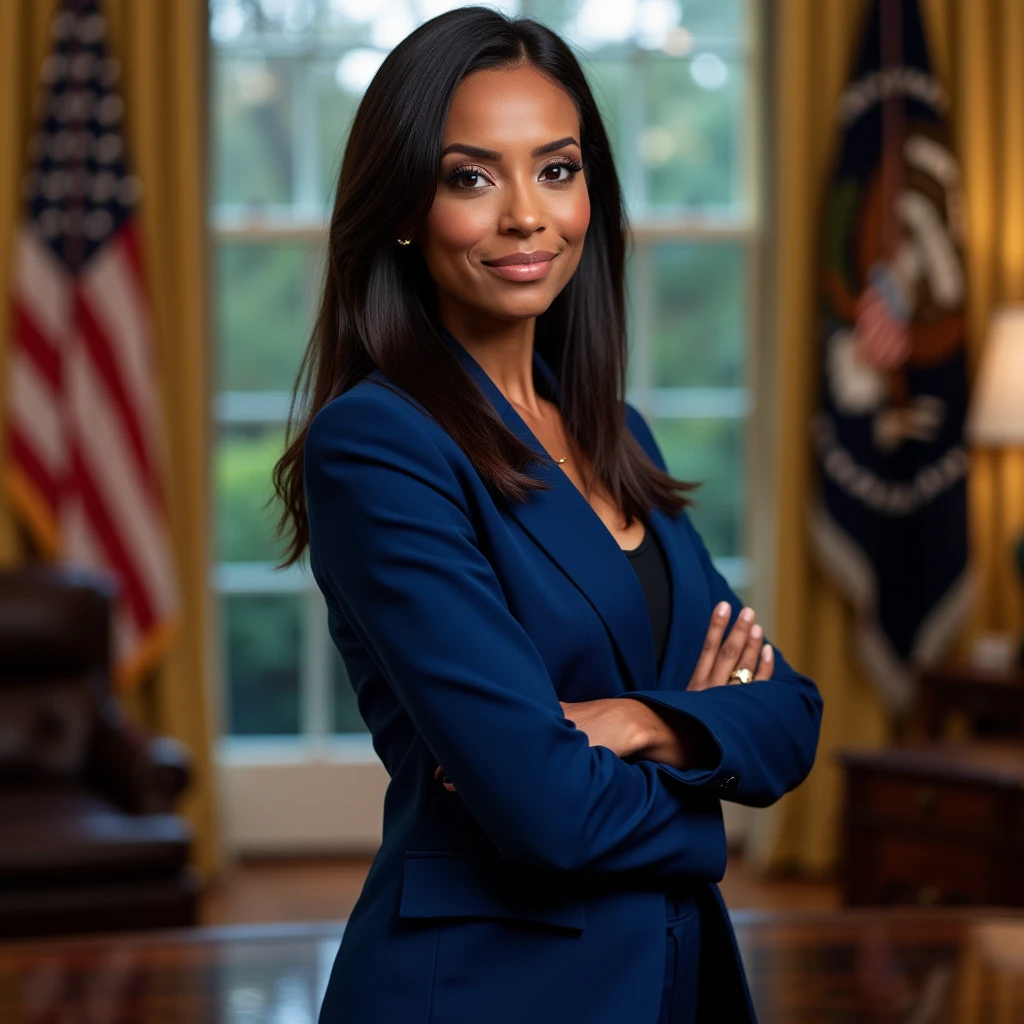 masterpiece, best quality, 1 woman, solo, beautiful African and Asian mixed 5, shoulder length straight hair, standing in modest business blue pantsuit in the oval office looking at camera slight smile