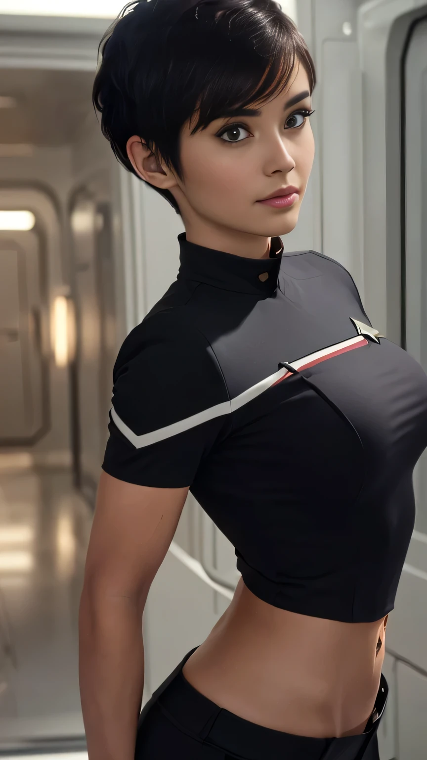 photo of mlp Meowko, RAW, beautiful woman, ((portrait)), ((detailed face:1.2)), ((anime face, anime facial feature, clear skin, glossy anime lips, clear skin), (short lesbian haircut, brunette: 1.55), (perfect proportioned body, Strong, muscular, narrow waist, narrow hips, skinny, large breasts), (she is wearing a red Starfleet uniform, lower decks cosplay, Comand uniform, black straight slacks:1.15), starship background, stars, (realistic photo, best quality, detailed), (8k wallpaper), (bright cinematic lighting, lens flares, beautiful light, (dark:1.3)) (sharp focus, intricate)