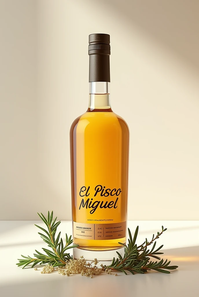 Give me a photo of a Peruvian pisco with herbs called "El pisco de Miguel" that is realistic and in a glass bottle