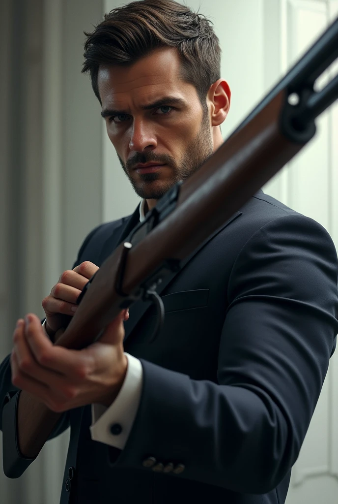 A 30 year man who wears a suit have a big rifle in one hand and rifle rest on his shoulder , looking at screen realistic image face and body properly visible body facing front side while man looking left side man alon in image