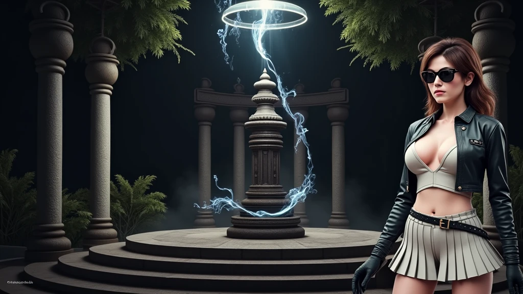A young futuristic female sorcerer with a glowing floating small crystal stone, releasing mysterial spell and magical power, facing and defeating dark forces and beings. She stands with her right hand raised forward with a blue fire of light, at night, (1girl, solo, alone), photorealistic, large-breast slim:0.6 body, oval:0.5 face, cleavage:1.1, very low angle view of pleated miniskirt, deep-v, (upskirt), glove, (Matrix style black micro sunglasses), dynamic running pose, (half-body thigh level close-up shot), cinematic lighting, ray tracing, motion blur background.