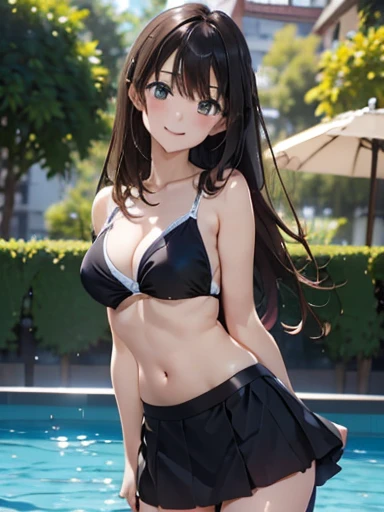 masterpiece, High resolution, High resolution, High resolution, Girl, cute, adorable, smiling, straight hair, long hair, black hair, standing, Swayback stance, looking at the camera, From the front, from thighs to head, pool, daylight,Skirt-style-bikini