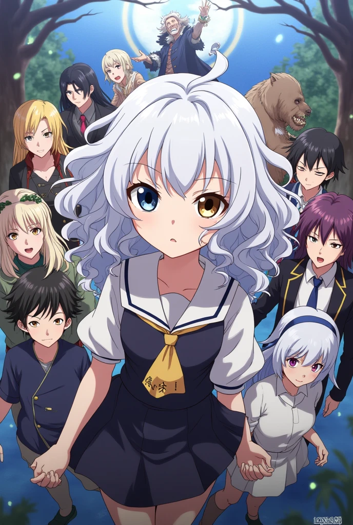 Create an image in the style of tzu no Taizai where there is a girl with very curly and white hair.,with one white eye and the other black, May her uniform be like that of the Boar Tavern and may she be accompanied by the seven deadly sins, the little pig and Elizabeth, remember this is set in the anime nanano taizai 
