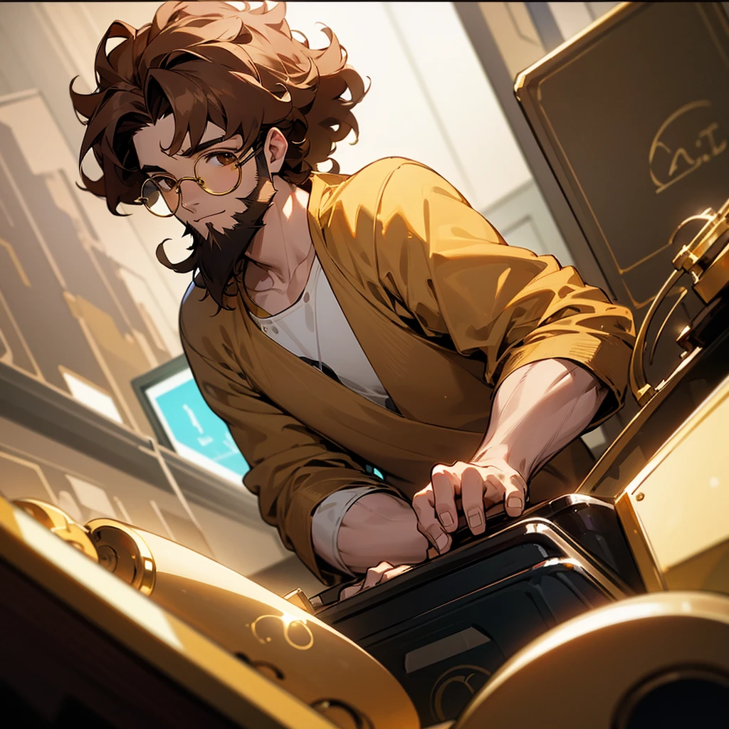 A boy, , Brown eyes, low beard,  round and gold glasses,  playing on a gaming pc,curly brown hair 