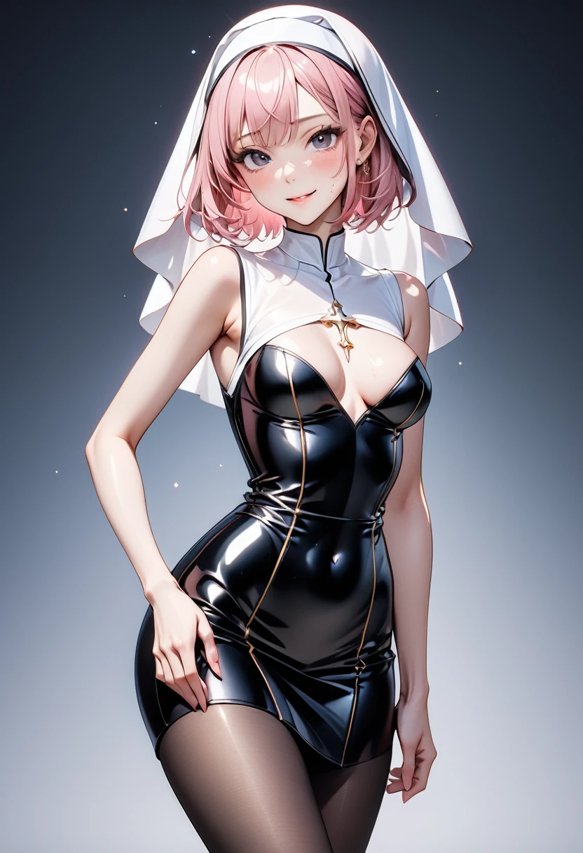 ((traditional nun)), skirt, Pantyhose, Stiletto heels, ((Shiny Costumes)), (skindentation), skinny, alone, solo, 1 woman, Masterpiece, highest quality, highest quality, 16K, incredibly absurd, highly detailed, 2.5D, ai-generated, delicate and dynamic, very delicate facial expressions, delicate eye depiction, erotic, only sexy woman, ((A cute and kind face)), healthy figure, ((1 woman)), 160cm tall, ((medium firm swaying bust)), medium breasts, (short hair), Straight Hair, (pink hair:1.5), bob cut, black eye, blush, Sweat,Embarrassed,sexy, ((thin thighs)), shiny and lustrous, facing straight at viewer,  smile, ((standing)), ((arm at side)),