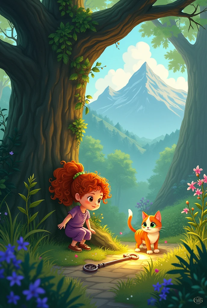 My name is Vaiolet, I have curly orange hair and honey brown eyes., I am and I am a curious and brave girl. I live in a small town surrounded by mountains and magical forests. Every corner of the place is full of stories and secrets, and I love to explore. My best friend is a cat named Mirú, who is always by my side, with its big green eyes and white and orange fur. A sunny day, while helping my grandmother in the garden, I decided to explore an area I used to ignore. The garden was full of brightly colored flowers and bushes that formed labyrinths.. I entered among the leaves and branches, And there, among the dense vegetation, I discovered an old tree with a majestic appearance. Its trunk was covered with moss and vines., and looking at it more closely, I saw something shiny at the base of the tree. Me agaché para inspeccionar And there, nailed to the wood, There was a glass key. The key had an intricate design and a magical glow that seemed to change color in the sunlight.. My heart was beating fast with excitement and curiosity.. I have never seen anything so strange in all my time exploring the garden.. The key shone in a way that seemed to invite me to discover its mystery..