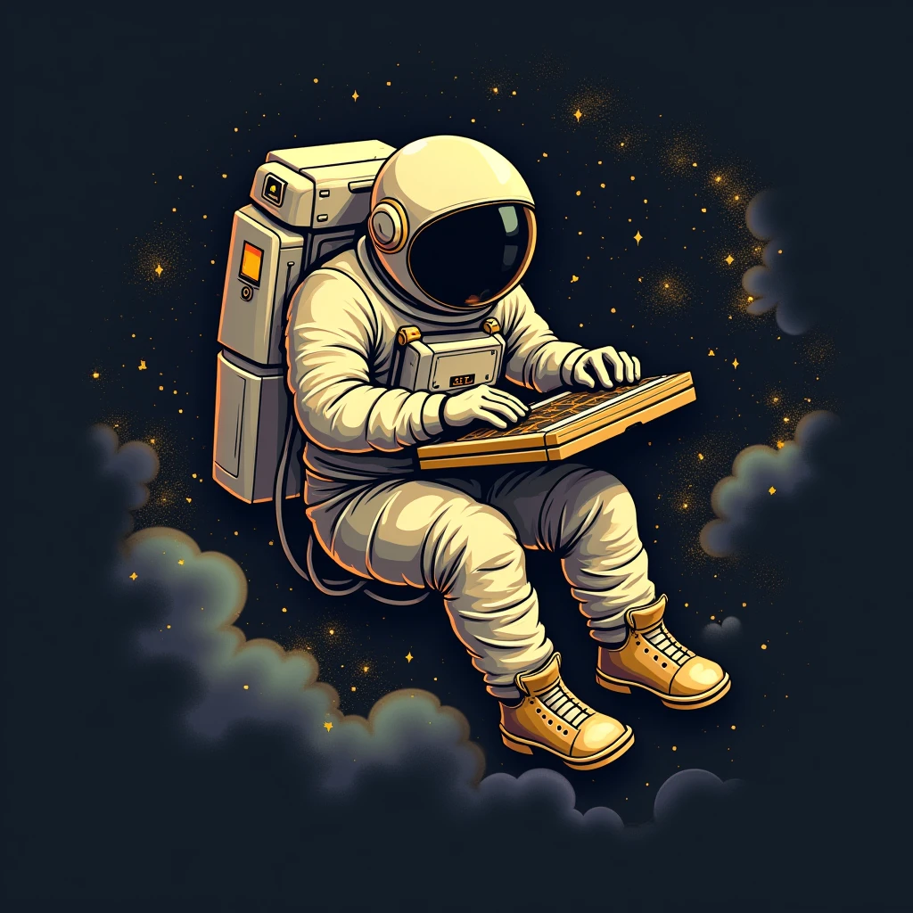 Create a logo with space in the background and an astronaut floating with a recording studio composing a song in gold color in drawing