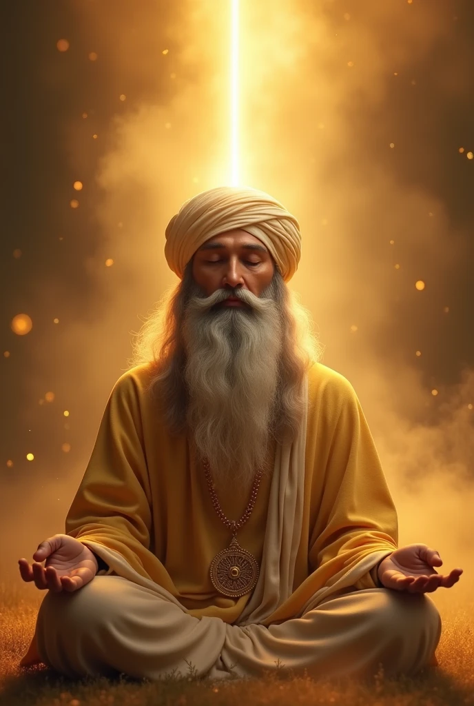 (photorealism:1.2),  sikh saint with long beard meditative position, half eyes closed ,radiant light,golden atmosphere, mystical environment, calmness on face , light from sky connecting towards the head , the universe is giving bkessing to the saint 