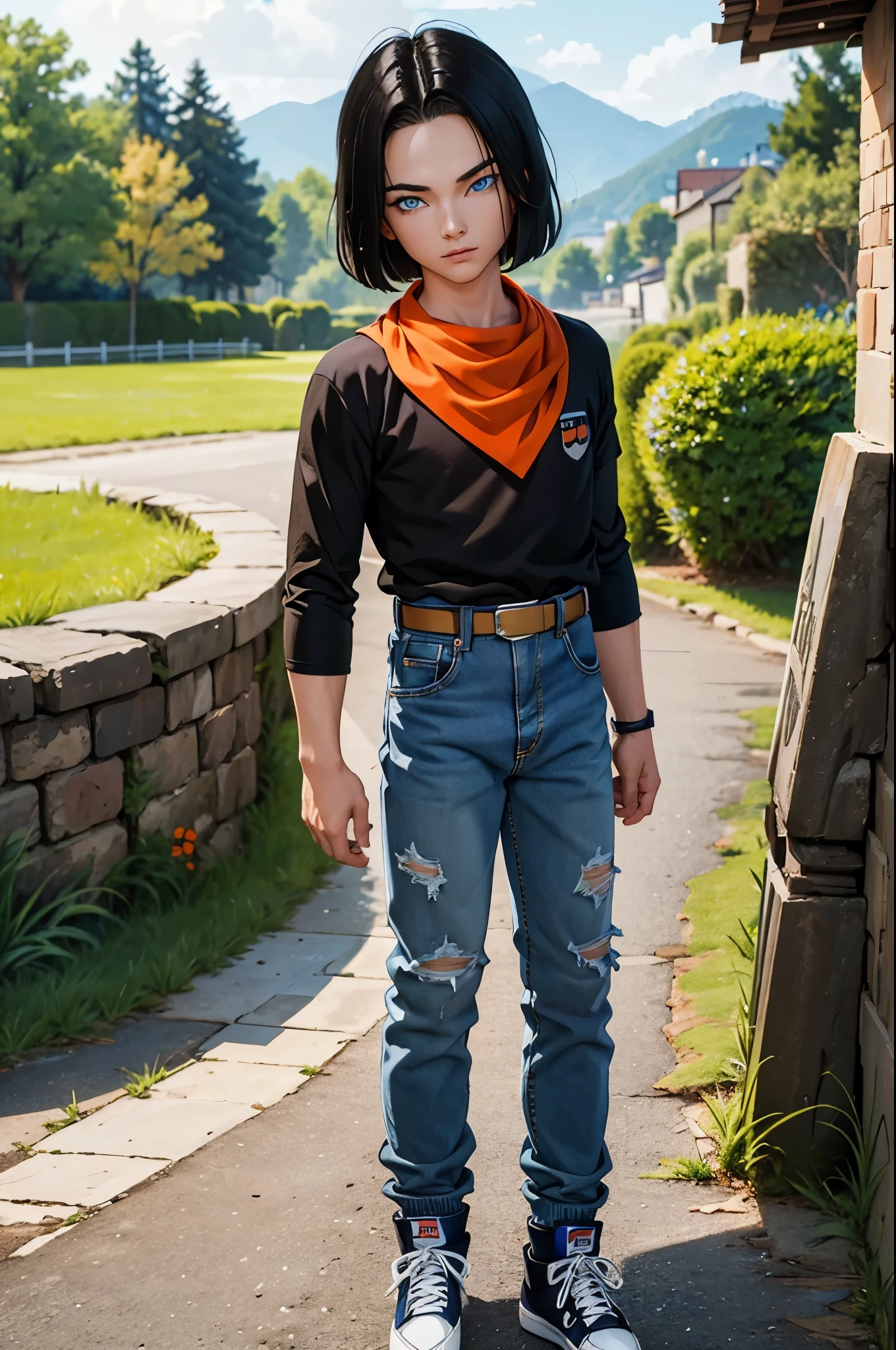 A masterpiece, best quality, detailed and expressive eyes, perfect facial features, high resolution, 1 boy, alone, android 17-inspired boy, (male body:1.3), blue eyes, black hair, parted hair, short hair, black shirt, jeans, layered shirt, white sleeves, orange bandana, blue sneakers, green socks, brown belt, red freckles, outdoor, landscape, standing, portrait, looking at viewer