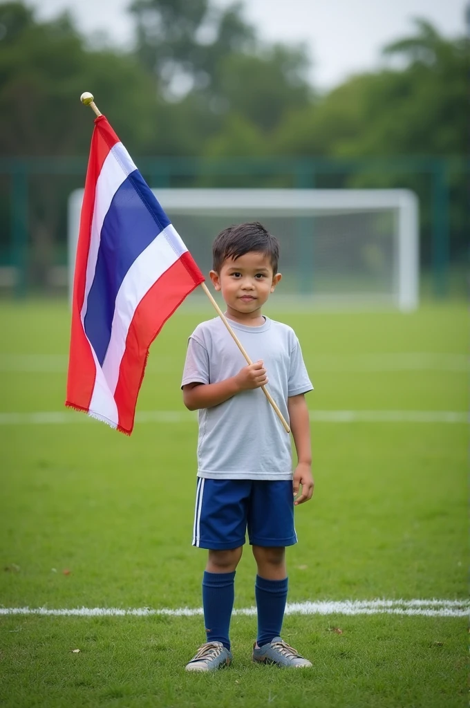 A child stands on a football field with his left hand holding the Thai flag.