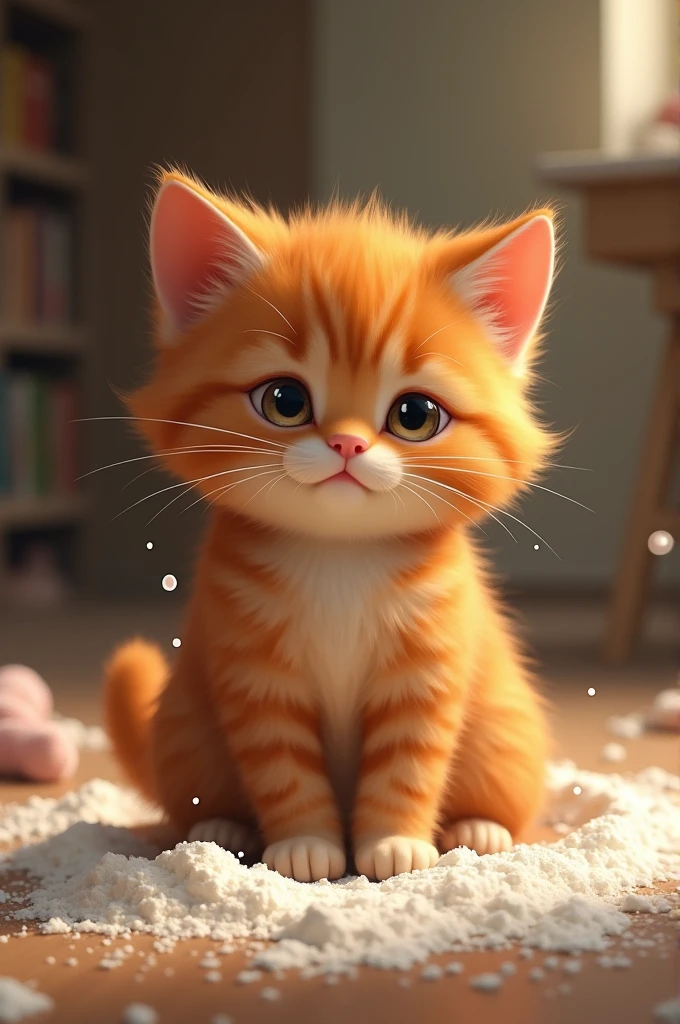 The small ginger cat sitting in flour in the house and tears coming like water in his eyes to watch the small girl picture.