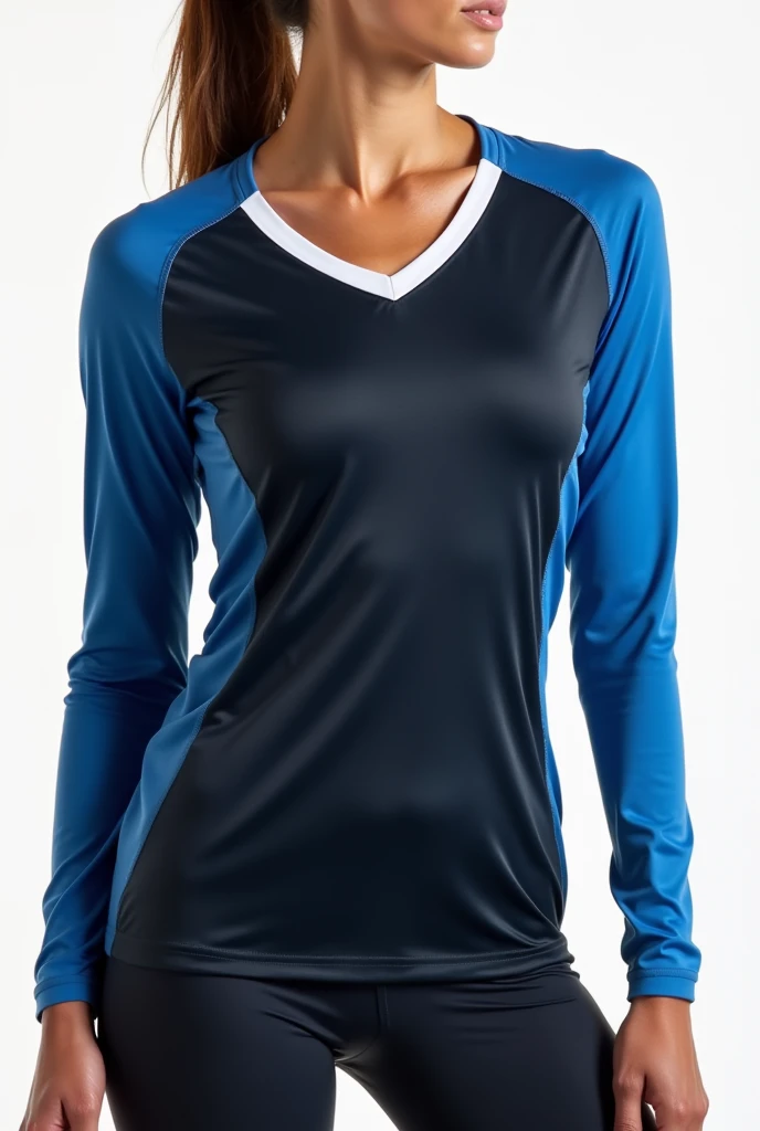 Women's v-neck long-sleeved soccer t-shit in blck, white and blue