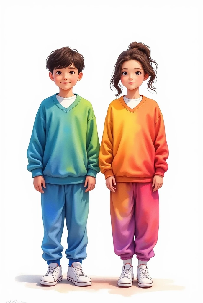 boy and girl facing front on white background wearing school sports uniform where the sweatshirt is long down to the ankles in blue colors, green, yellow, purple and red in watercolor with soft transitions between them, the white v-neck t-shirt, white tennis shoes, without jackets or coats