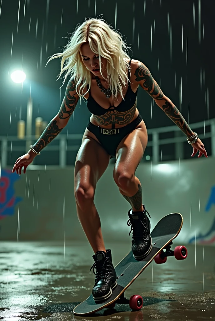 Punk 2 tattooed Kate Moss in sneakers and lace lingerie on a skateboard doing a flip long platinum blonde hair blowing in the wind. 
Location skate park.
Raining. Lighting. 