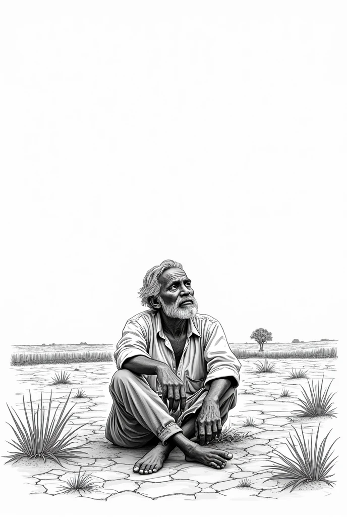 
a poor old  tamil farmer sitting without food in his own farming field sadly seeing the sky photo in side in outline sketch