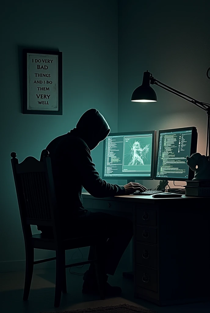 A dark, dimly-lit room viewed from a side angle, showing a shadowy figure sitting in a wooden chair, slightly facing a desk with multiple monitors. The monitors display hacking processes with complex code, adding to the tension of the scene. The desk is illuminated by a lamp and cluttered with books, a statue, and other objects. Above the desk, a sign reads, 'I DO VERY BAD THINGS AND I DO THEM VERY WELL.' The room's atmosphere is eerie, with dark, looming shadows on the walls. The overall mood is mysterious and sinister, enhanced by the side angle, which captures the depth of the scene and the figure’s partially visible profile.