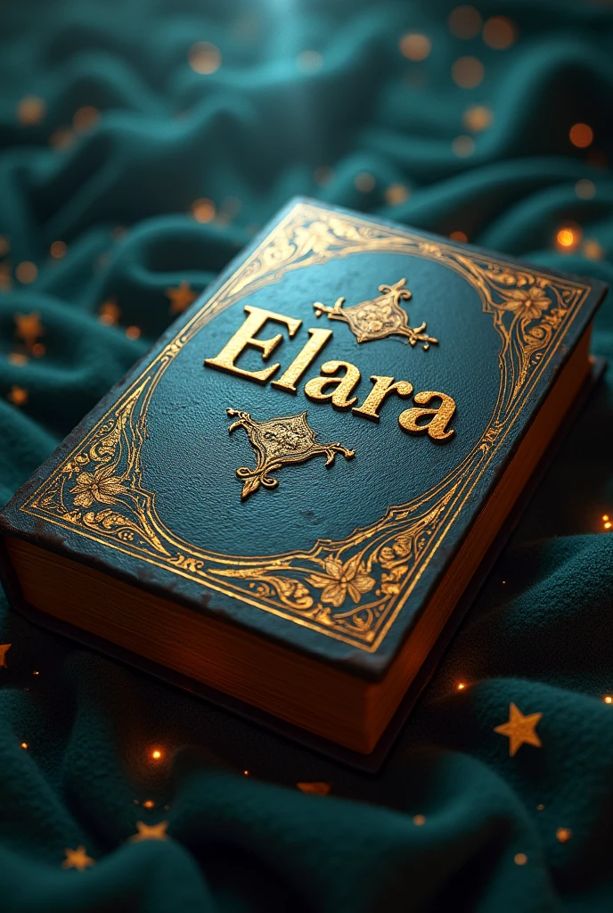 A closed book of ancient legends, with Elara's name engraved in gold on the cover, surrounded by a magical aura.
