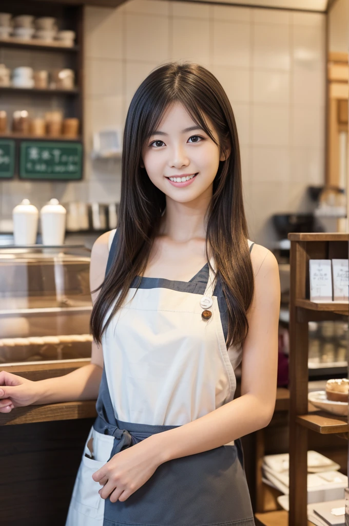 front、Highest quality, Ultra-high resolution, (Realistic), RAW Photos,(Depth of written boundary:1.5), (Upper body photo)、A neat and clean Japanese woman、beautiful girl、20-year-old、smile、Natural Skin、Long Hair、Coffee shop clerk、Wearing an apron
