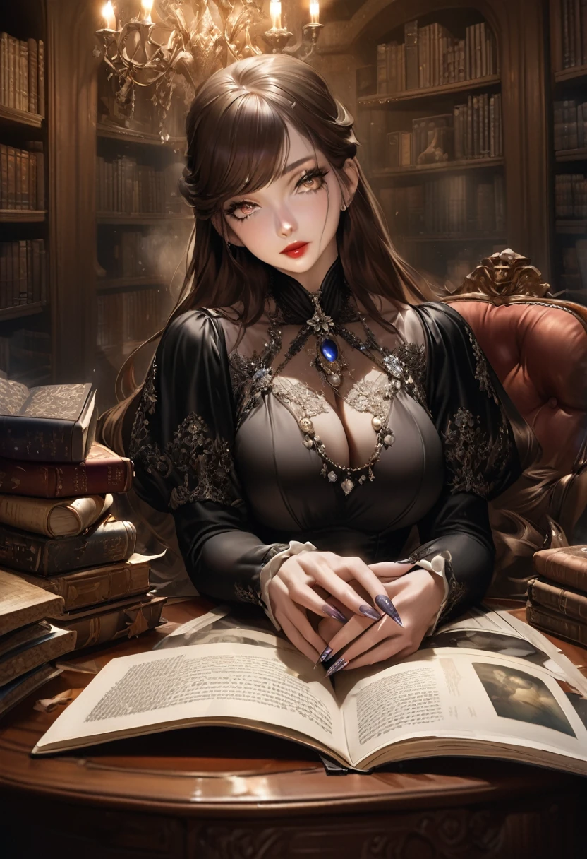 Grand black stepmother manifests as governess clad in high-fashion, silky, elegant fully covered attire with high neckline, pearl embellishments, and long sleeves, having a celestial aura, Victorian study background filled with dark mahogany, looming bookshelves, antique desk, open book, manipulative gaze toward underlings, vintage books, soft diffused lighting, chiaroscuro technique, ultra realistic, shining glamorous lipstick, sparkling, hypnotizing eyes, kind and passionate gaze, kind-hearted lady, four fingers and a thumb in each of hands and sexy polished fingernails, realistic, very big curvious bosoms