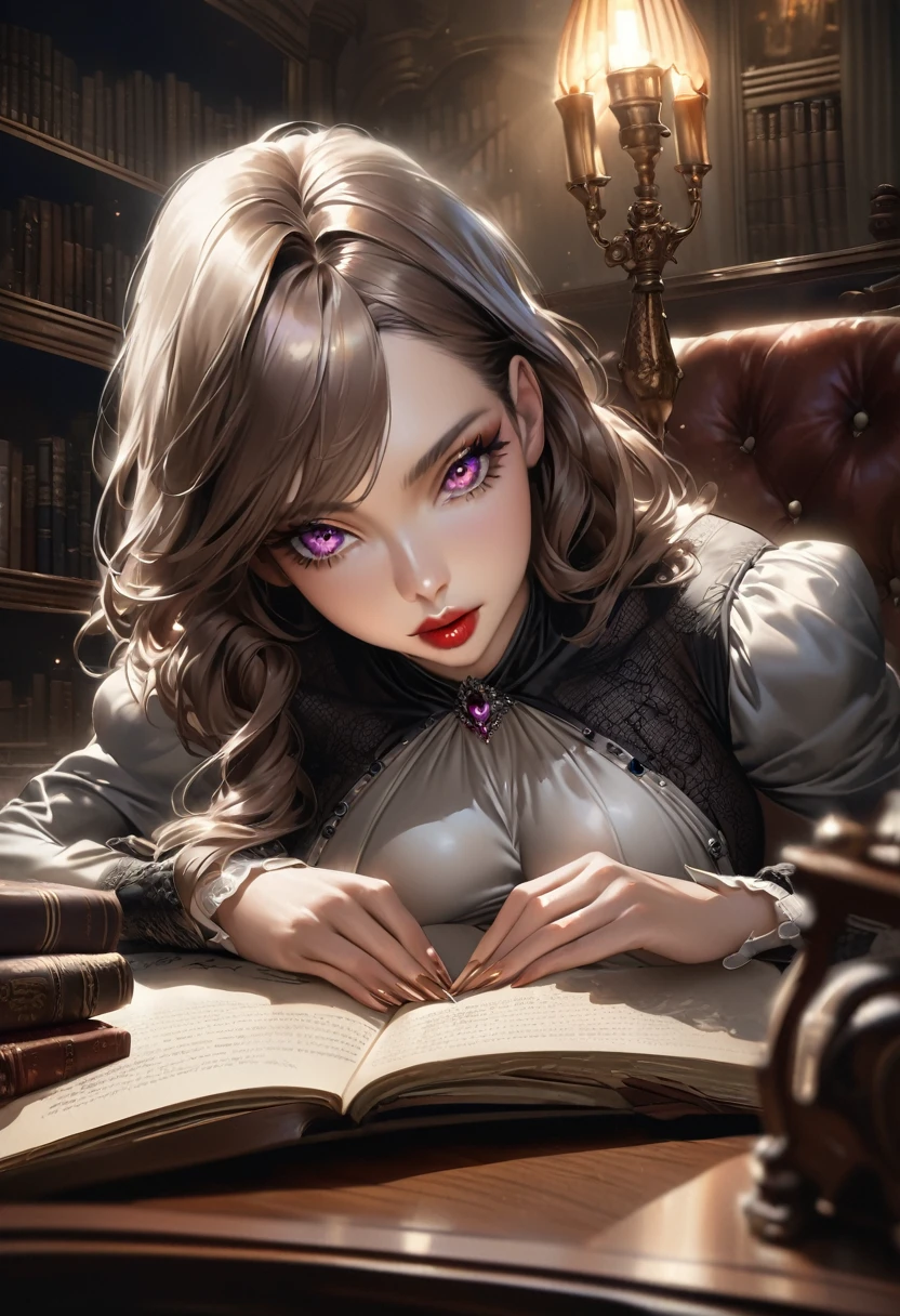 Grand black stepmother manifests as governess clad in high-fashion, silky, elegant fully covered attire with high neckline, pearl embellishments, and long sleeves, having a celestial aura, Victorian study background filled with dark mahogany, looming bookshelves, antique desk, open book, manipulative gaze toward underlings, vintage books, soft diffused lighting, chiaroscuro technique, ultra realistic, shining glamorous lipstick, sparkling, hypnotizing eyes, kind and passionate gaze, kind-hearted lady, four fingers and a thumb in each of hands and sexy polished fingernails, realistic, very big curvious bosoms