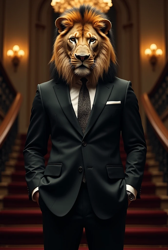 Man in elegant suit with lion head
