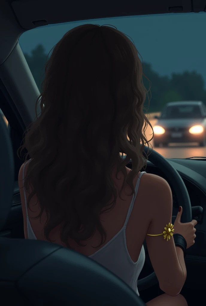 You can create an image of a girl driving at night, The girl's characteristics are: brown skin, long curly hair, slim, with a golden flower bracelet with the black garter, Thin fingers and the person has to be turned back as if it were a photograph taken from behind and that his face cannot be seen