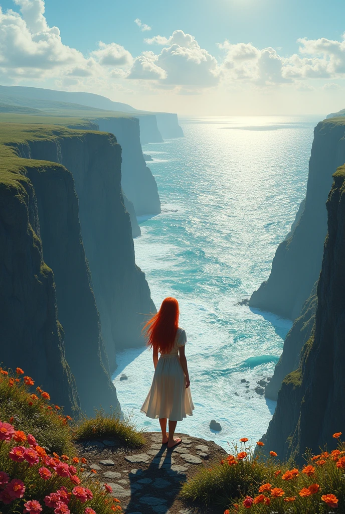 A red haired woman, backwards, Walking along the edge of an abyss, contemplating the view of the ocean, with spring flowers