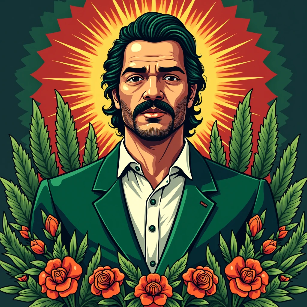 Holy in the Mexican style Jesus Malverde, holy mexican mafia, green suit, mustache and white button-down shirt, lord of marijuana and drug trafficking , print for shirt, vectorial , contrasting colours