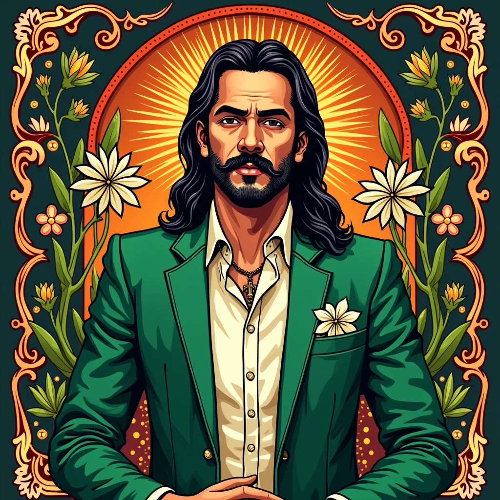 Holy in the Mexican style Jesus Malverde, holy mexican mafia, green suit, mustache and white button-down shirt, lord of marijuana and drug trafficking , print for shirt, vectorial , contrasting colours