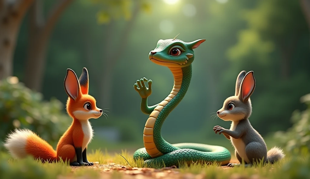 Image: in front of fox and rabbit The serpent with a thoughtful expression, holding up a claw as if proposing a challenge.
Cinematic cartoon 3d style