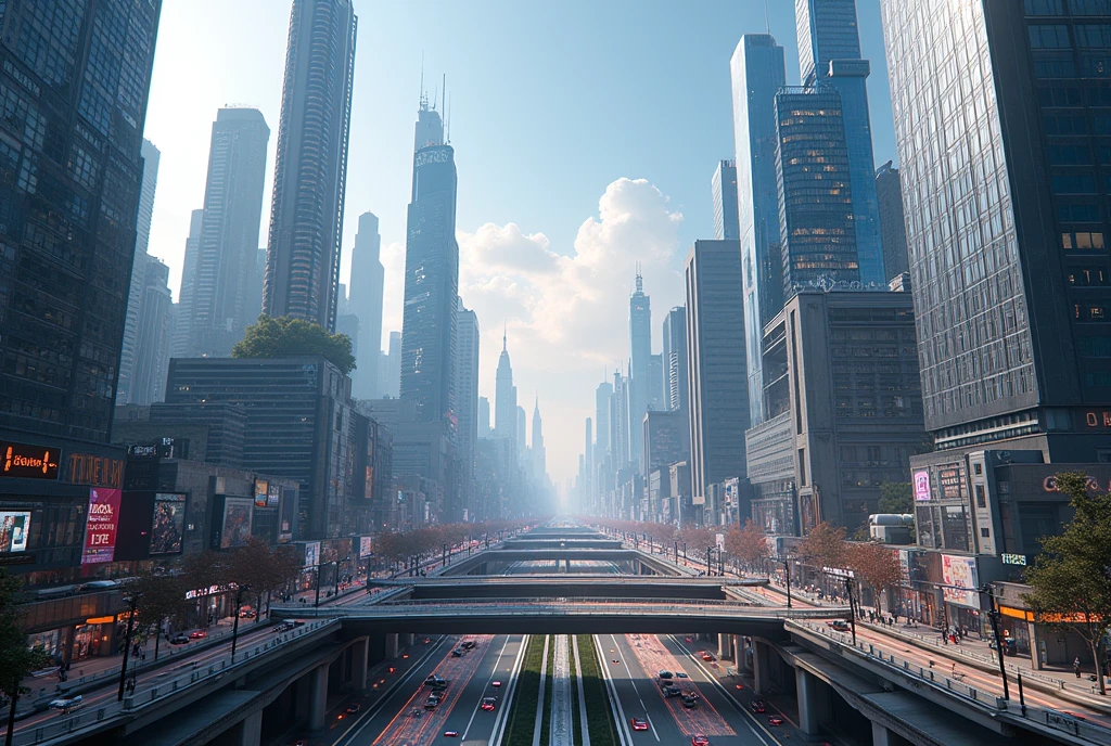 detailed urban city, beautiful skyscrapers, asphalt roads, cars passing by, cityscape, dynamic metropolis, futuristic architecture, reflective glass buildings, modern infrastructure, bustling streets, towering high-rises, neon lights, urban exploration, citylights at day, aerial view, photorealistic, intricate details