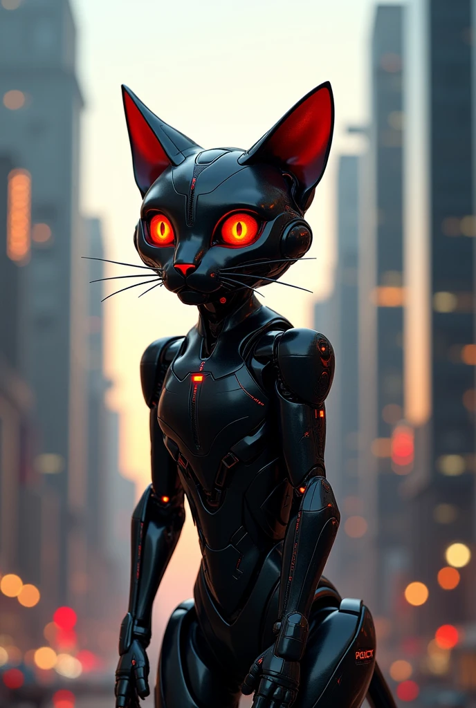Black cat in robot avatar between skyscrapers at evening