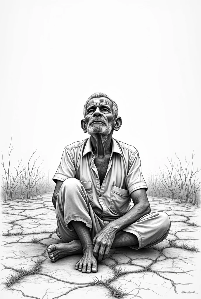 a poor old tamil farmer sitting without food in his own farming field sadly seeing the sky photo in side in outline sketch