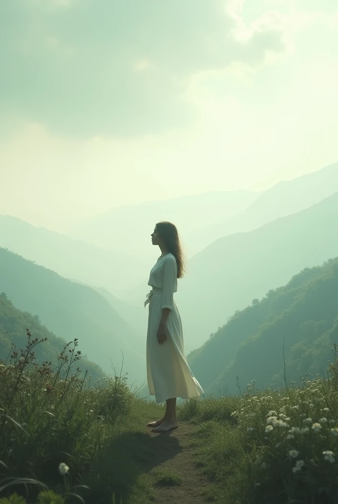 a person standing in a beautiful landscape, feeling content and peaceful